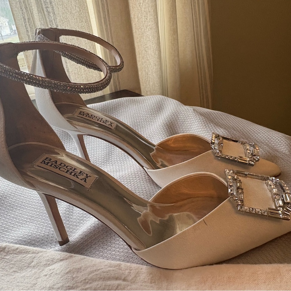 Badgley Mishka Crystal Embellished Stiletto Heels with Crystal Ankle Straps.
